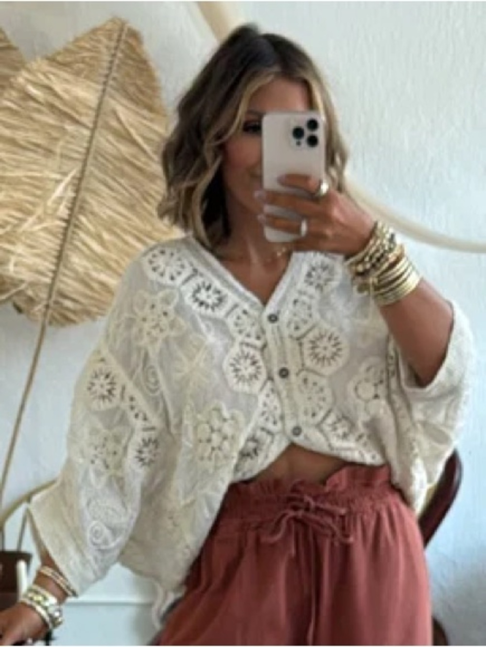 POL Clothing Chloe Woven Embroidered Top in Natural/Ivory Dolman Sleeve One Size